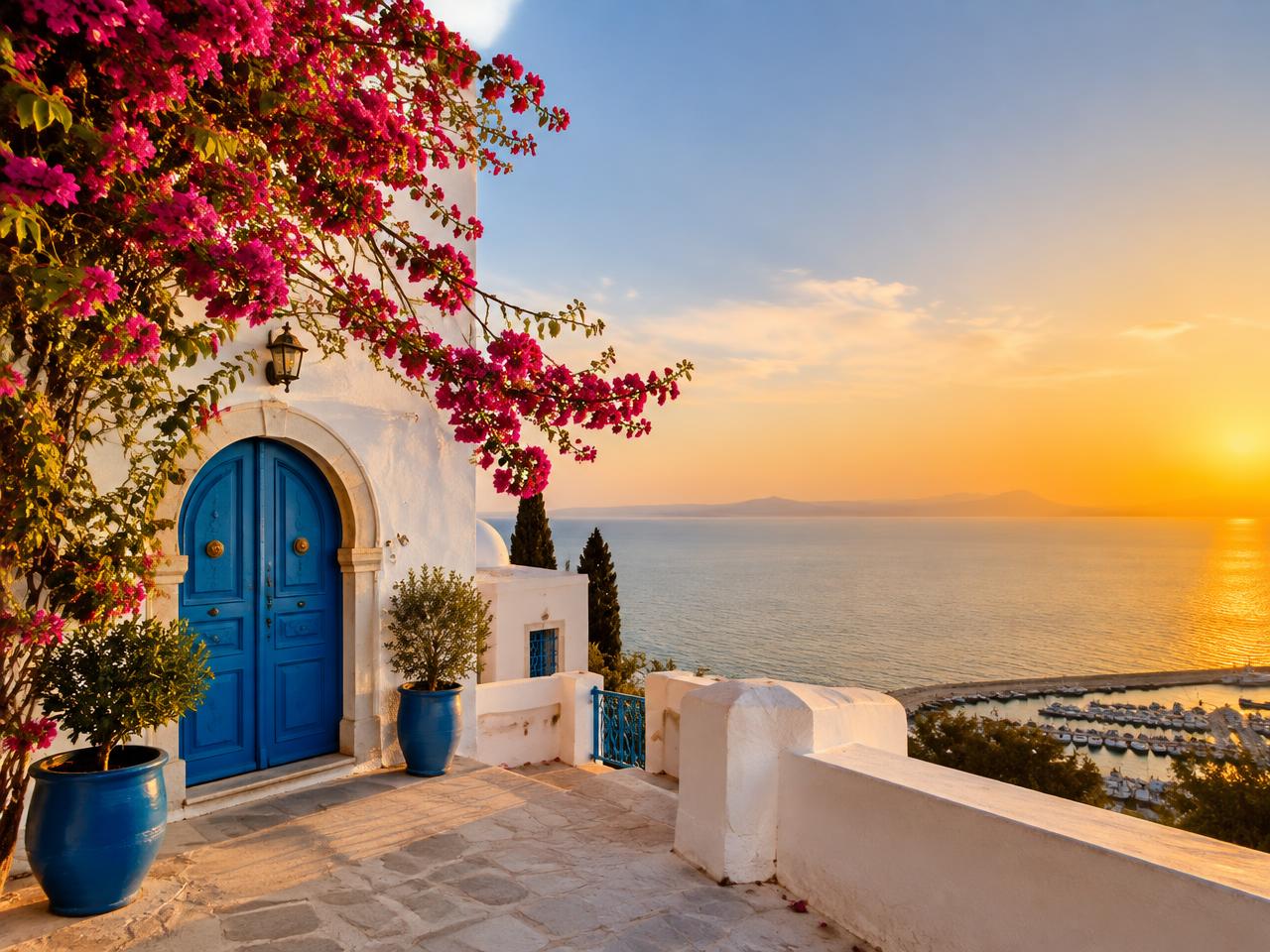 Maison blanche tunisienne face à la Méditerranée